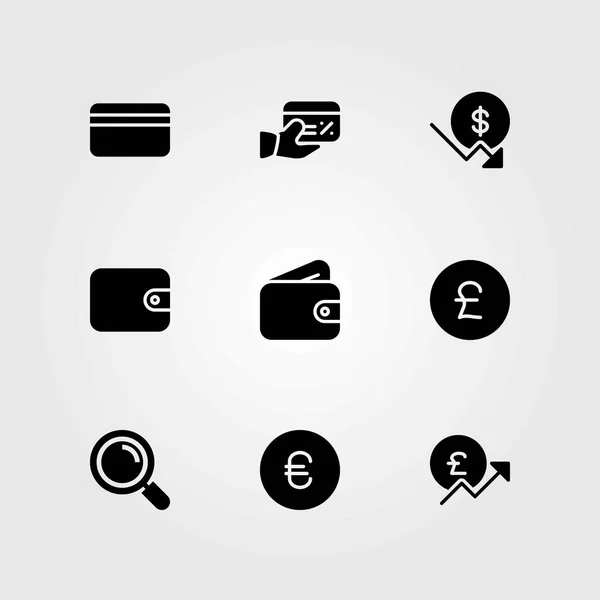 Conjunto de iconos de vector de dinero. dólar, lupa y tarjeta de crédito — Archivo Imágenes Vectoriales