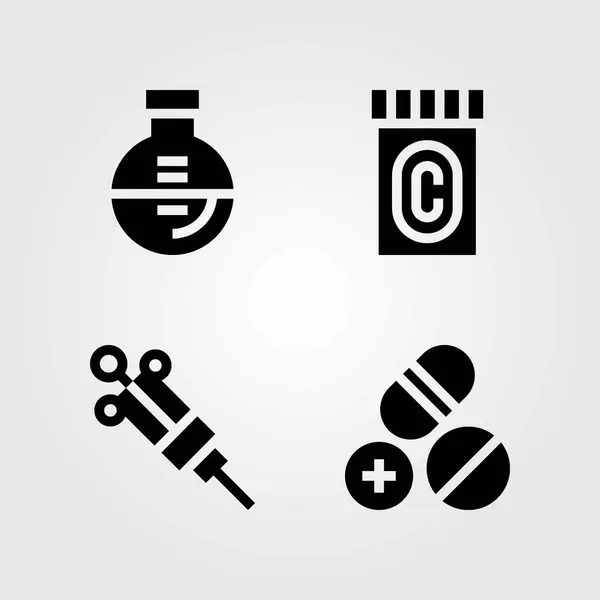 Conjunto de iconos vectoriales médicos. jeringa, pastillas y frasco — Archivo Imágenes Vectoriales