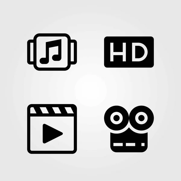 Conjunto de iconos vectoriales tecnológicos. hd, reproductor de películas y reproductor de música — Vector de stock