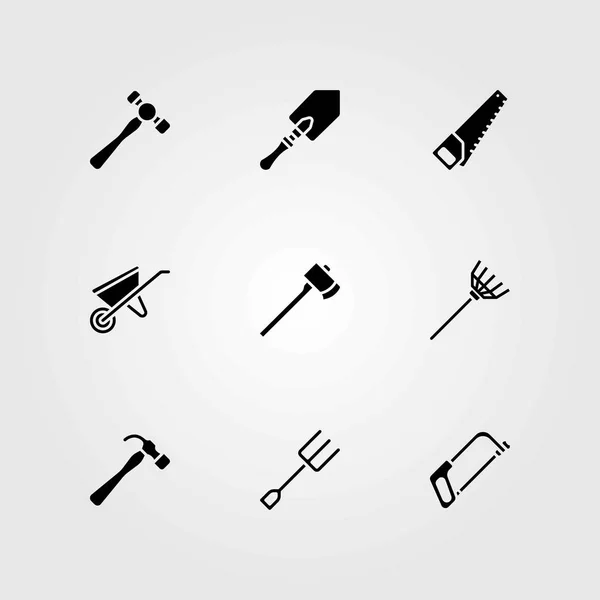 Conjunto de ícones vetoriais de jardim. carrinho de mão, garfo e serra de mão — Vetor de Stock