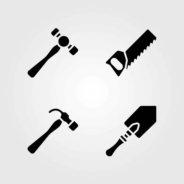 Jardín iconos vectoriales conjunto. martillo, pala y sierra manual — Vector de stock