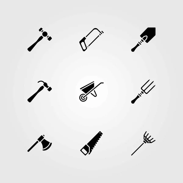 Trädgård vektor ikoner set. yxa, rake och handsåg — Stock vektor