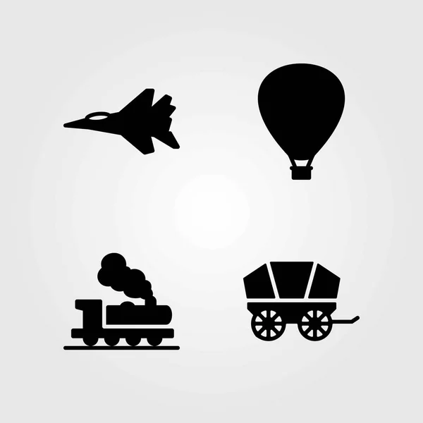 Conjunto de ícones vetoriais de transporte. jet, balão de ar quente e trem — Vetor de Stock