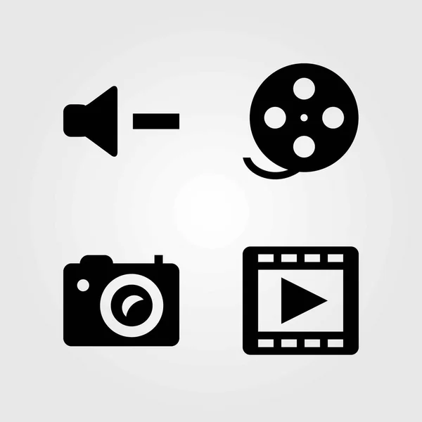 Conjunto de iconos vectoriales multimedia. volumen, rollo de película y cámara fotográfica — Vector de stock