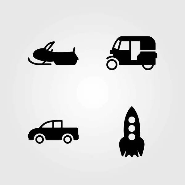 Transport vector icons set. tuk tuk, rocket and snow mobile — Stock Vector