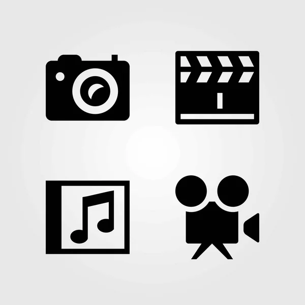 Set ikon vektor multimedia. clapperboard, kamera video dan disk kompak - Stok Vektor