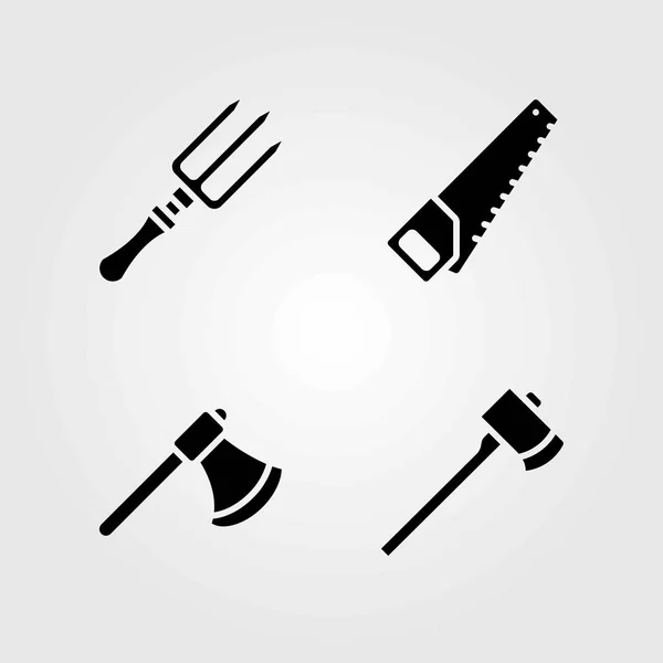 Ensemble d'icônes vectorielles de jardin. fourchette, scie à main et hache — Image vectorielle