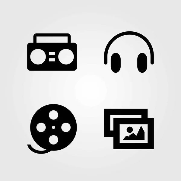 Multimedia vector icons set. film roll, boombox and picture — Stock Vector