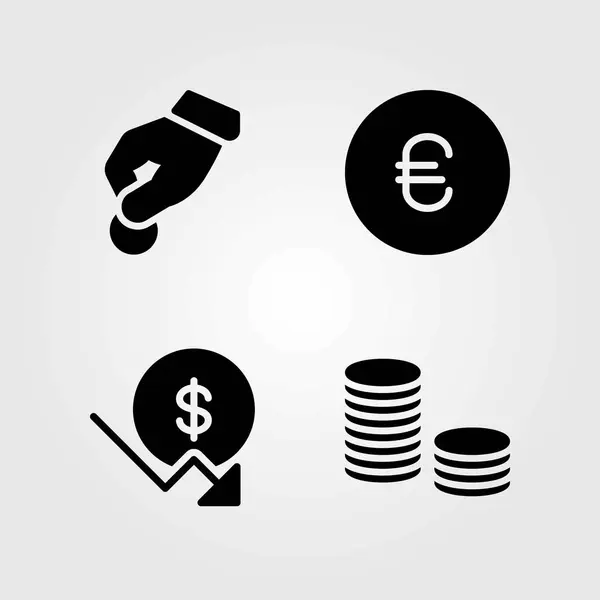 Conjunto de ícones vetoriais de banco. euro, moedas e doar —  Vetores de Stock