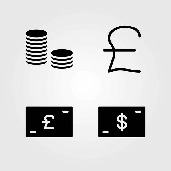 Conjunto de ícones vetoriais de dinheiro. moedas, libra esterlina e dinheiro — Vetor de Stock