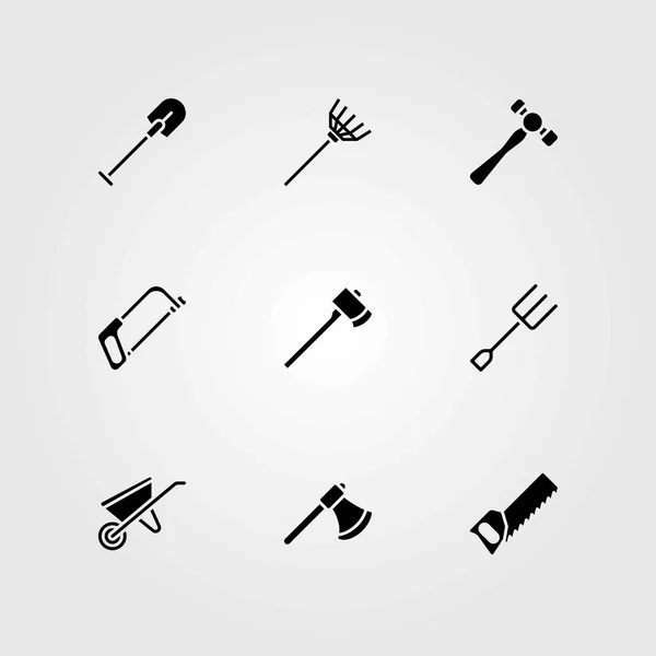 Jardín iconos vectoriales conjunto. sierra de mano, carretilla y tenedor — Vector de stock