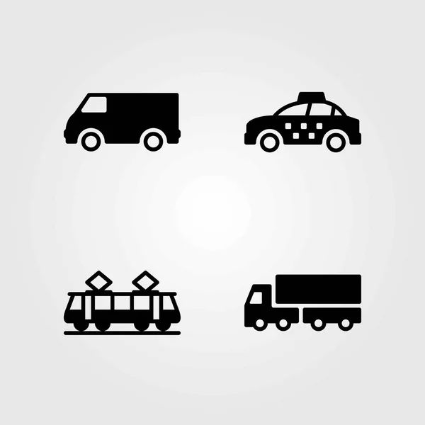 Taşıma vektör simgeler kümesi. taksi, minibüs ve tramvay — Stok Vektör
