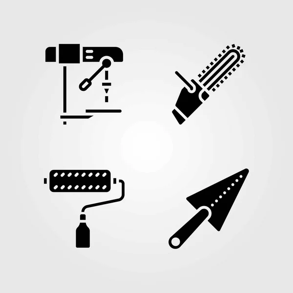 Tools vector icons set. paint roller, trowel and drill — Stock Vector