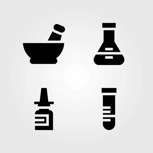Medical vector icons set. flask, tube and mortar — Stock Vector