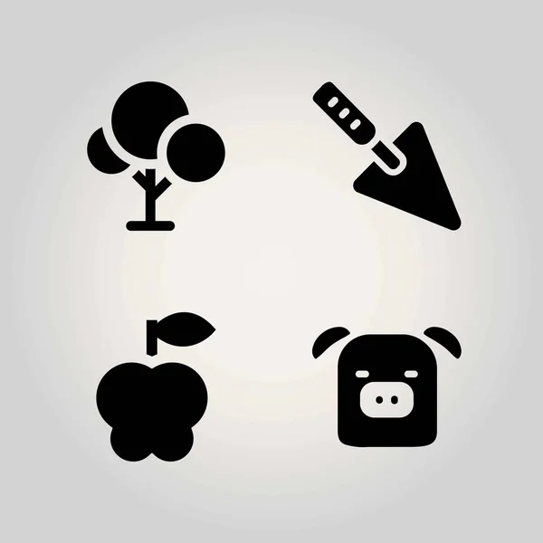 Set di icone vettoriali della fattoria. mela, cazzuola, albero e maiale — Vettoriale Stock