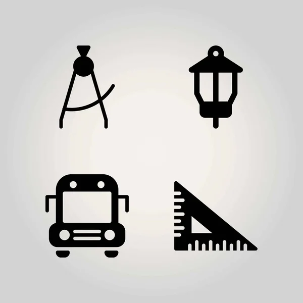 School vector icon set. set square, kompas en schoolbus — Stockvector