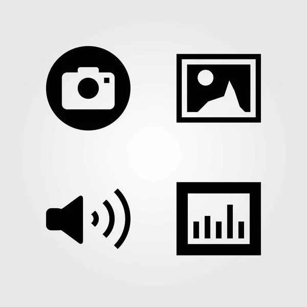 Multimedia vector icons set. volume, analytics en foto — Stockvector