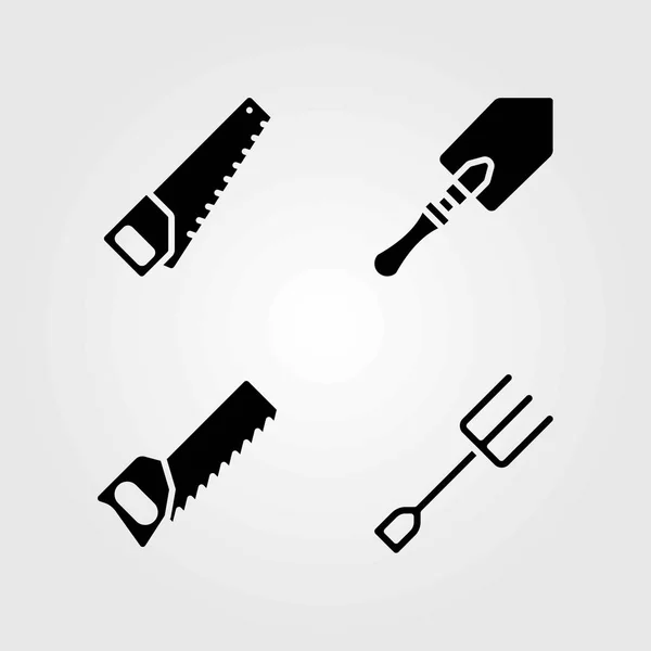 Jardín iconos vectoriales conjunto. tenedor, pala y sierra de mano — Vector de stock