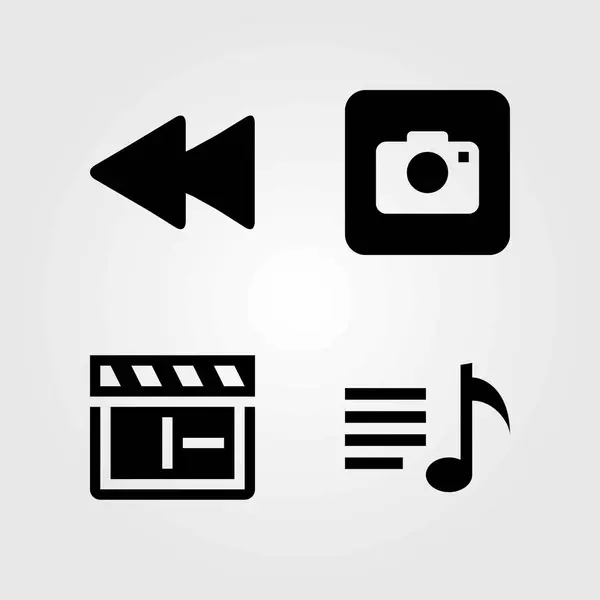Multimedia vector icons set. fotocamera, terugspoelen en playlist — Stockvector