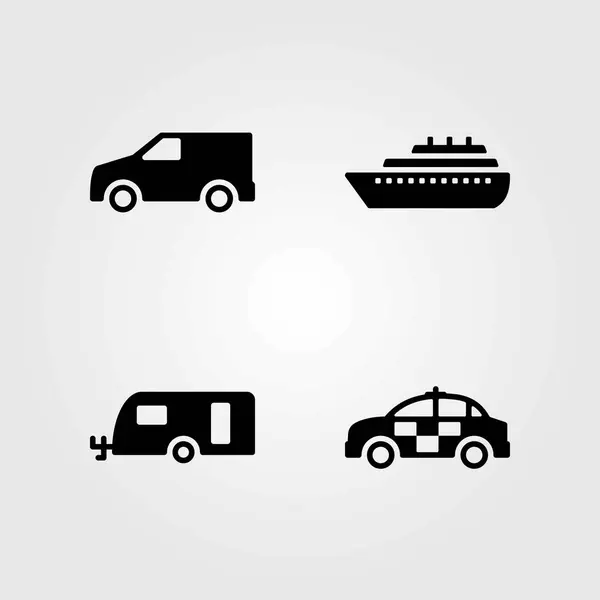 Icone vettoriali di trasporto impostate. auto, roulotte e furgone della polizia — Vettoriale Stock