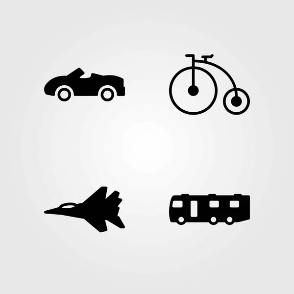 Conjunto de ícones vetoriais de transporte. bicicleta, carro e jato —  Vetores de Stock
