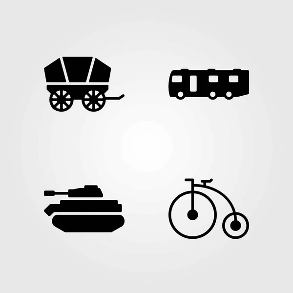Icone vettoriali di trasporto impostate. serbatoio, bicicletta e caravan — Vettoriale Stock