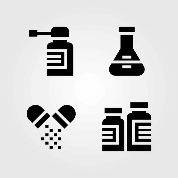 Conjunto de iconos vectoriales médicos. pastillas, frasco y spray — Vector de stock