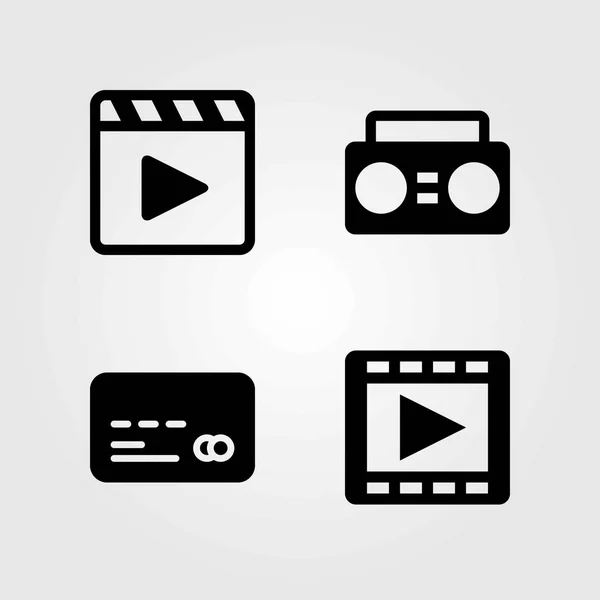 Conjunto de iconos vectoriales tecnológicos. reproductor de películas, boombox y tarjeta de crédito — Vector de stock