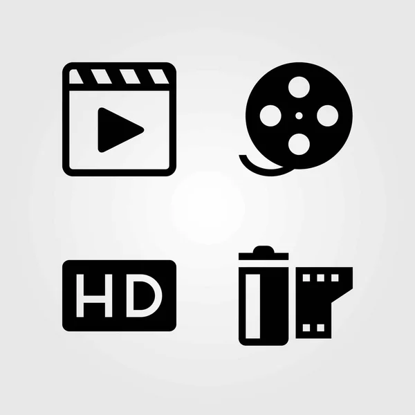 Conjunto de iconos vectoriales tecnológicos. reproductor de películas, hd y rollo de película — Vector de stock