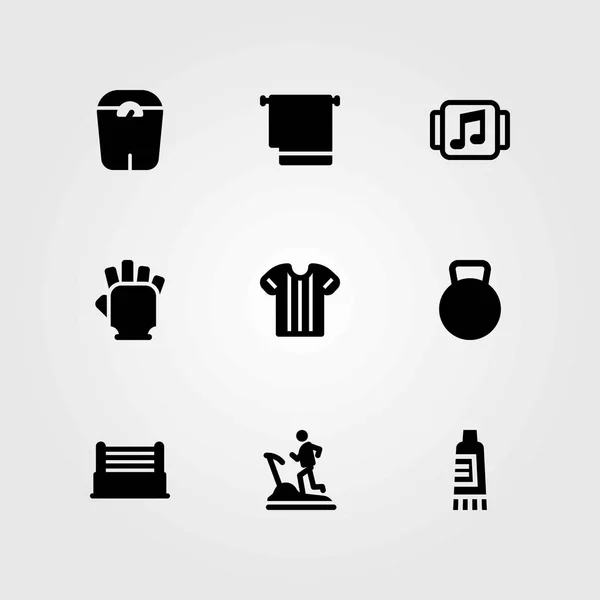 Fitness vector icons set. gym gloves, sport shirt and scale — Stock Vector