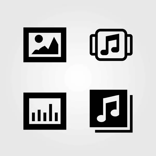 Conjunto de iconos vectoriales multimedia. reproductor de música, imagen y análisis — Vector de stock