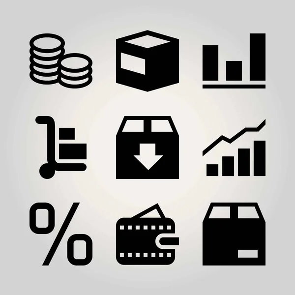 Conjunto de ícones de vetor de compras. moeda, pacote, análise e carrinho —  Vetores de Stock