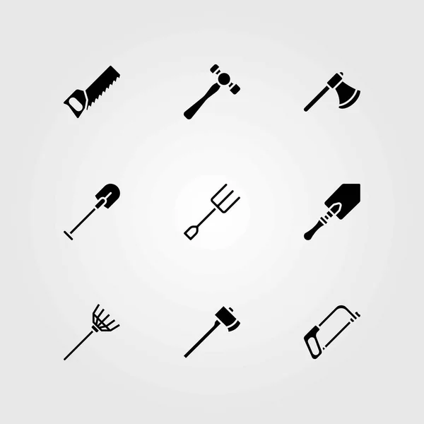 Garden vector icons set. handsaw, fork and axe — Stock Vector