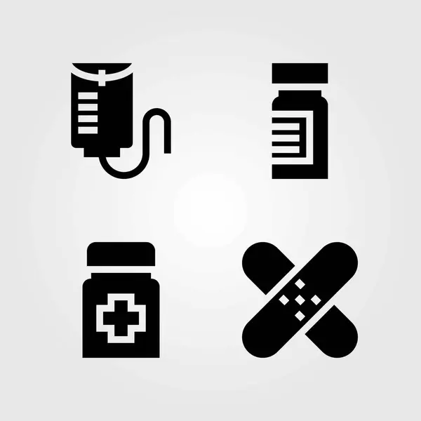 Ensemble d'icônes vectorielles médicales. compteur de gouttes, timbre et médicament — Image vectorielle