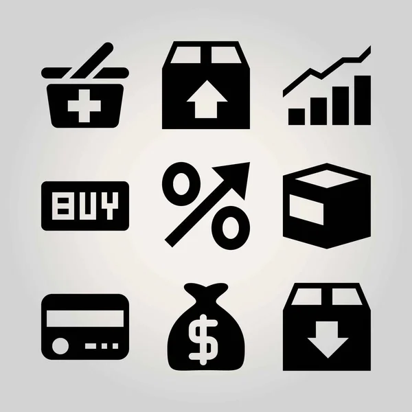 Conjunto de ícones de vetor de compras. baket de compras, análise, saco de dinheiro e cartão de crédito —  Vetores de Stock