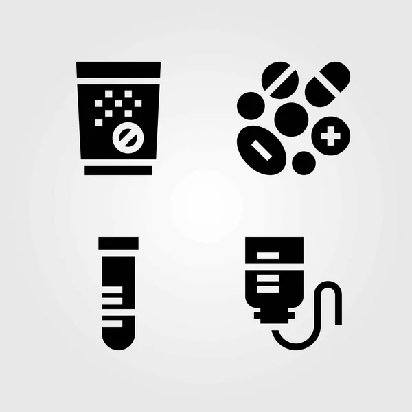 Conjunto de iconos vectoriales médicos. contador de gotas, pastillas y tabletas — Vector de stock