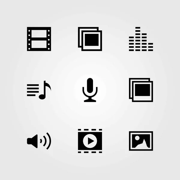 Set di icone vettoriali multimediali. microfono, rotolo di pellicola e volume — Vettoriale Stock