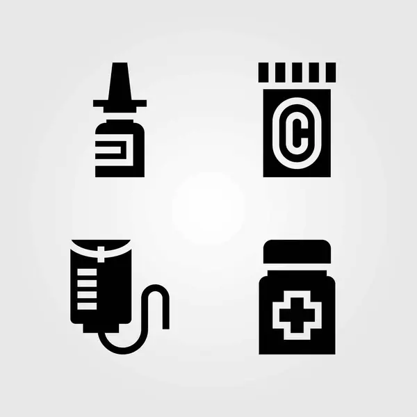 Conjunto de iconos vectoriales médicos. pastillas, medicamentos y aerosol nasal — Vector de stock