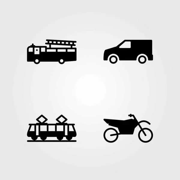 Conjunto de iconos vectoriales de transporte. camión de bomberos, motocicleta y tranvía — Archivo Imágenes Vectoriales