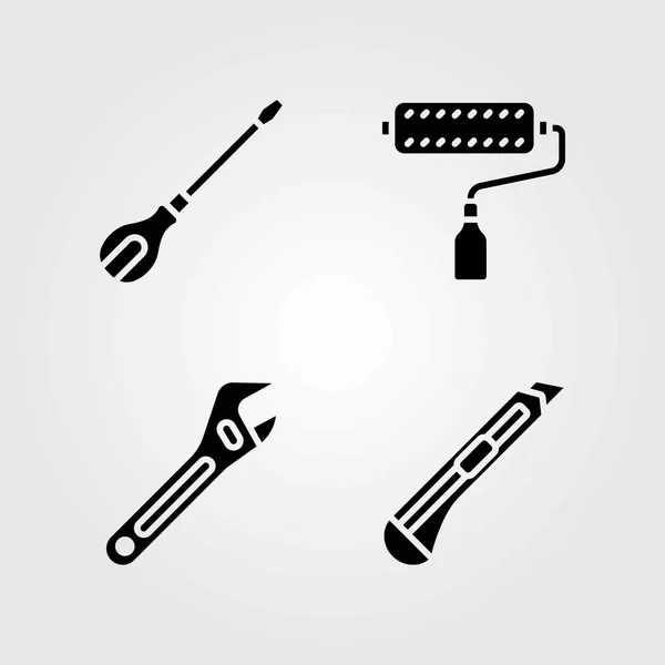 Tools vector icons set. adjustable spanner, cutter and paint roller — Stock Vector