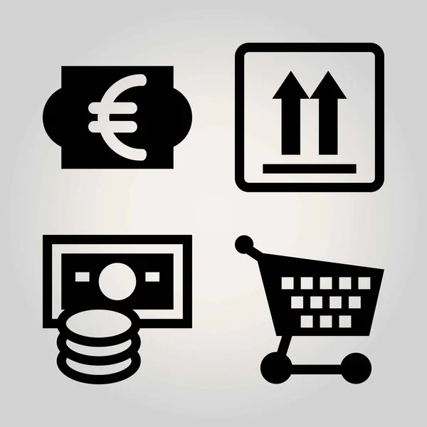 Signos vector icono conjunto. moneda, euro, paquete y carrito de compras — Archivo Imágenes Vectoriales