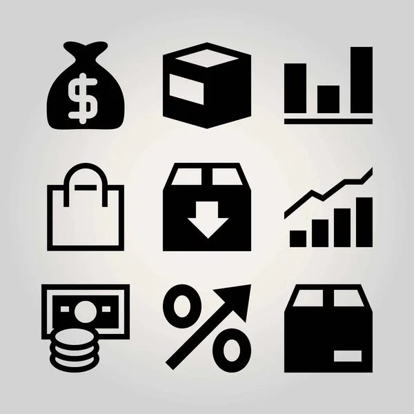Conjunto de ícones de vetor de compras. análise, pacote, analítica e moeda —  Vetores de Stock