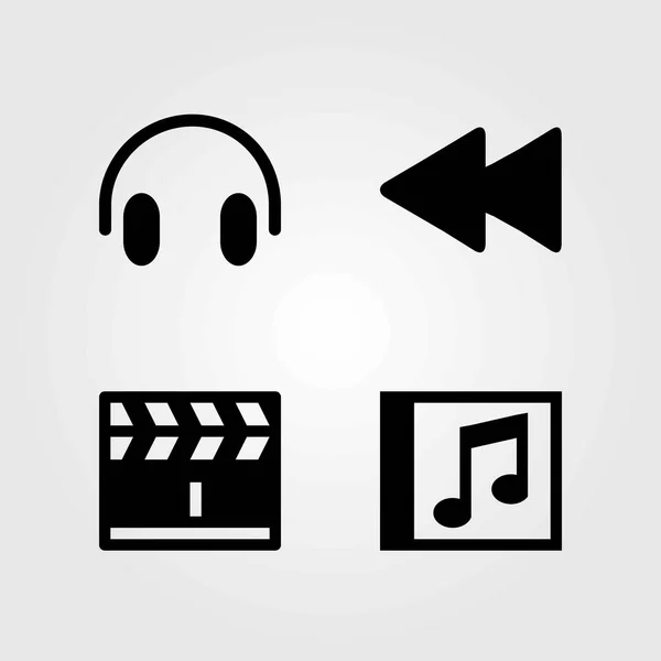 Conjunto de iconos vectoriales multimedia. auriculares, clapperboard y rebobinar — Vector de stock