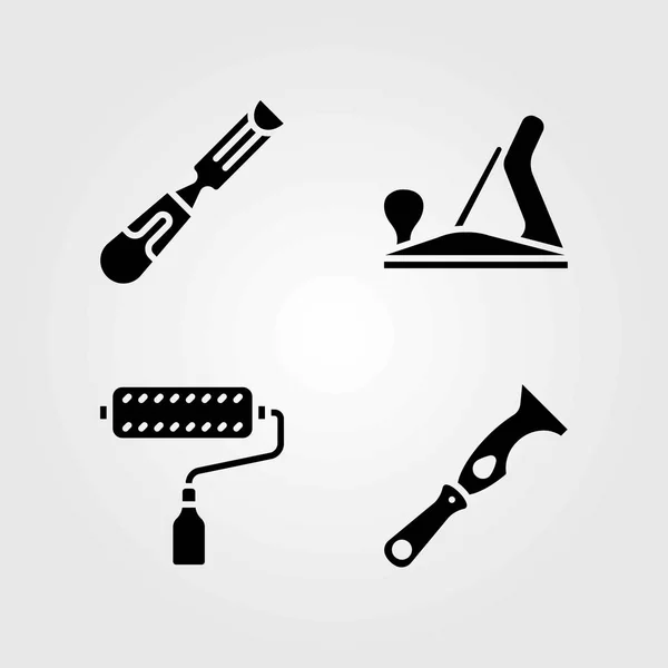 Werkzeuge Vektorsymbole gesetzt. Holzhobel, Schaber und Farbroller — Stockvektor