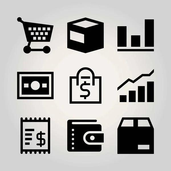 Conjunto de iconos de vector de compras. analutics, carrito de la compra, cartera y bolsa de la compra — Archivo Imágenes Vectoriales