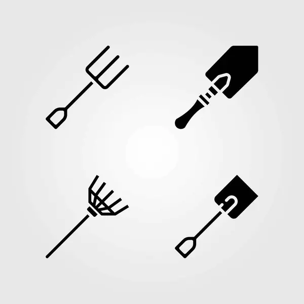 Garden vector icons set. rake, fork and spade — Stock Vector