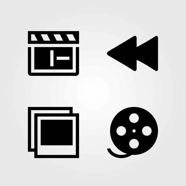 Conjunto de iconos vectoriales multimedia. clapperboard, rebobinado y foto — Vector de stock