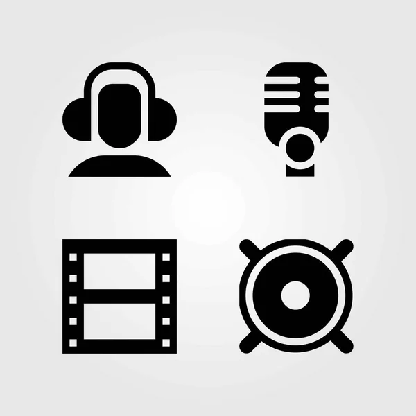 Set di icone vettoriali multimediali. rotolo di pellicola, altoparlante e microfono — Vettoriale Stock