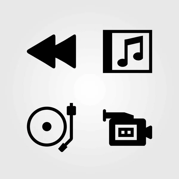 Conjunto de ícones vetoriais multimídia. câmera de vídeo, rebobinar e disco compacto — Vetor de Stock