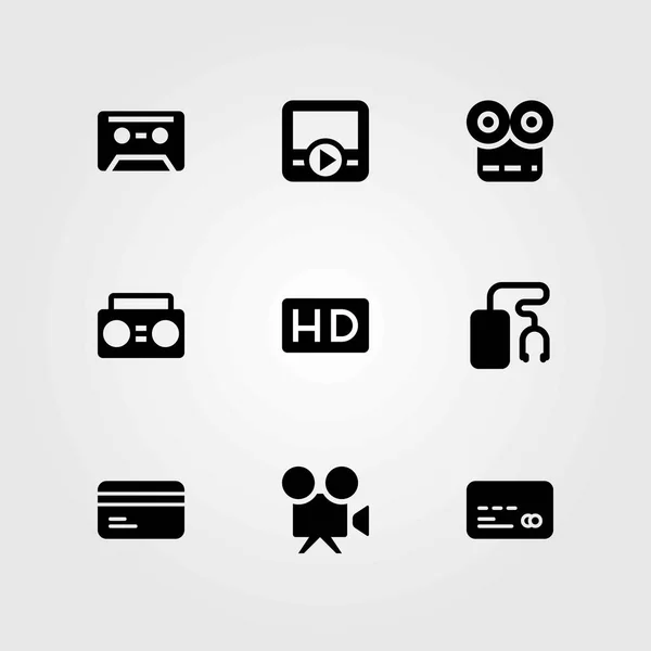 Technology vector icons set. video camera, credit card and boombox — Stock Vector
